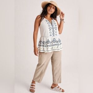 Maeve Neela Embroidered Babydoll Top Boho V-Neck White Small